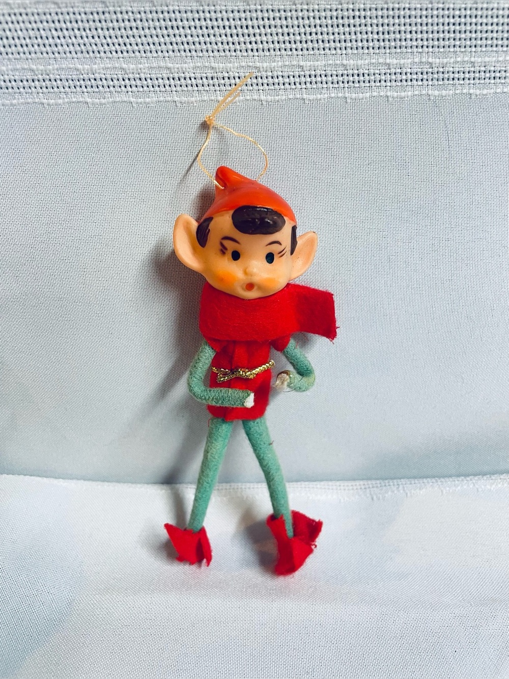 Vintage MCM Pixie Elf Christmas Felt Ornament Red Scarf Green Suit 5”